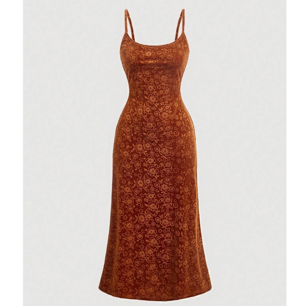 SHEIN Rust Floral Velvet-Effect Midi Slip Dress